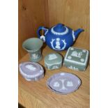 SIX PIECES OF WEDGWOOD JASPERWARES, comprising a mid blue teapot decorated with busts of HM Queen