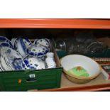 THREE BOXES OF TEAWARE AND GLASSWARE, to include blue and white 'Ye olde Foley ware', Royal