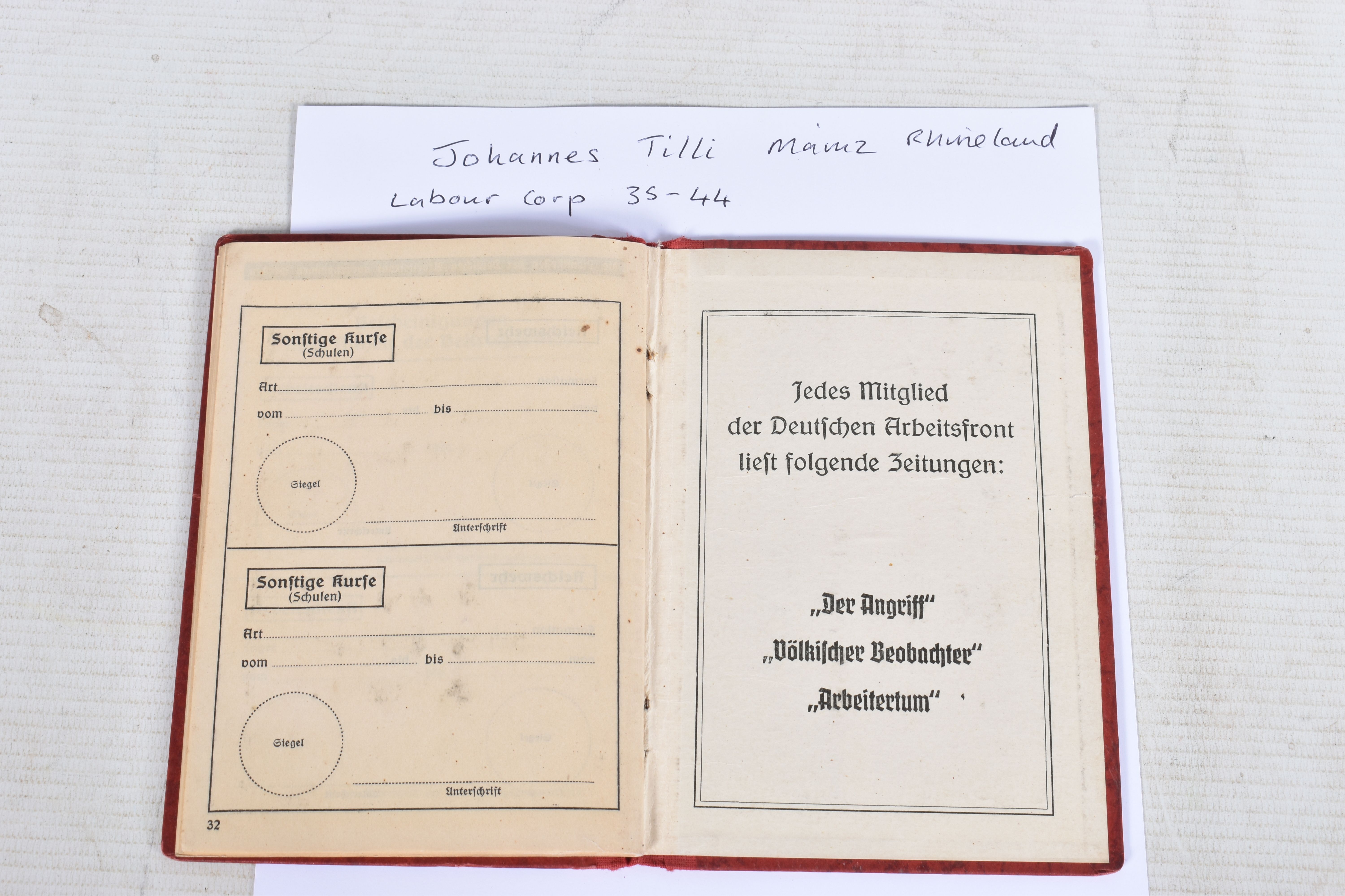 DIE DEUTICHE ARBEITSFRONT MITGLIEDSUCH, DAF MEMBERSHIP BOOKLET, Johannes Tilli Mainz Ehineland, - Image 12 of 13