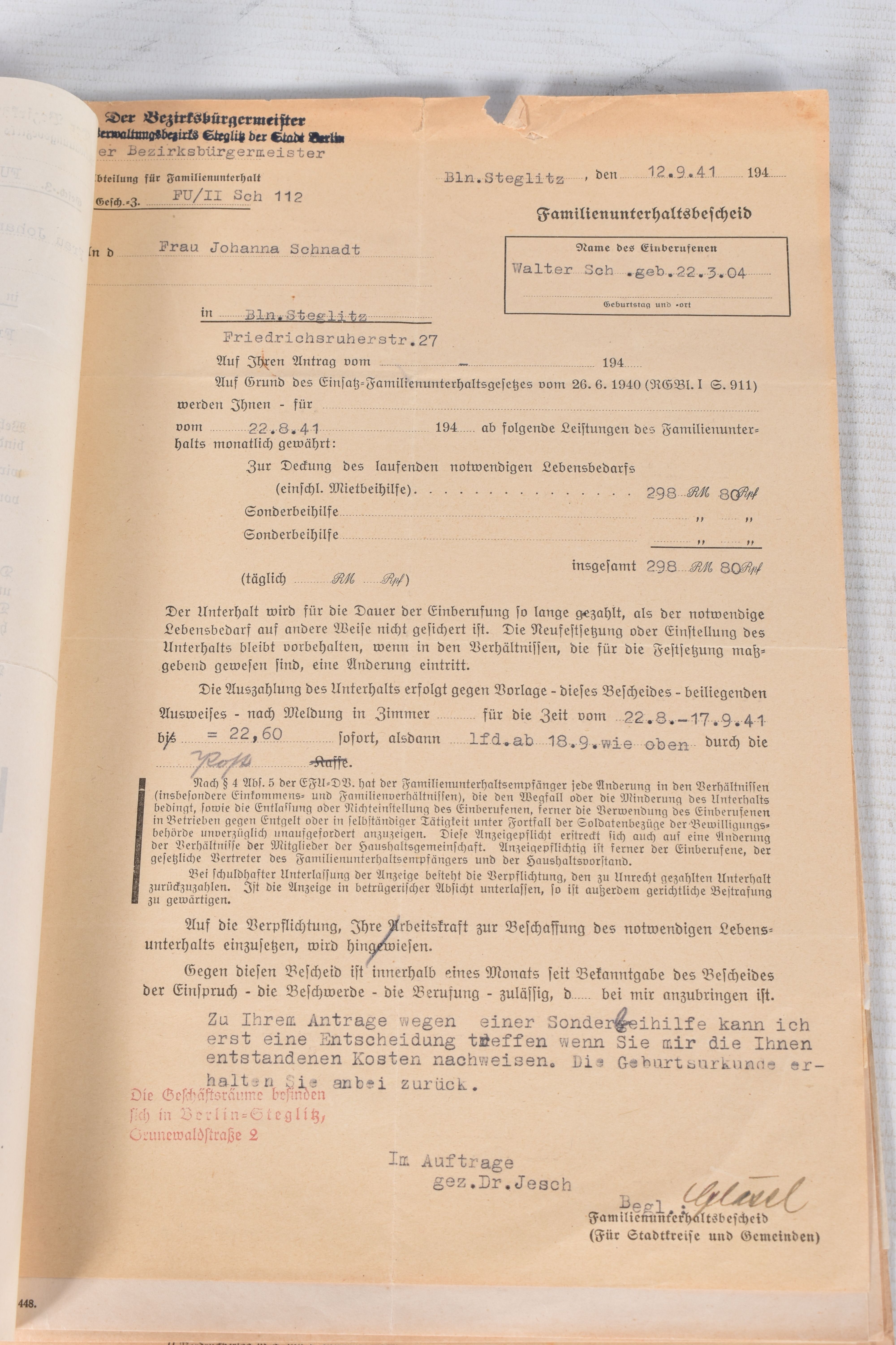 A LARGE COLLECTION OF DOCUMENTS FOR WALTER SCHNADT, to include documents, photo, and a card, he - Image 10 of 46