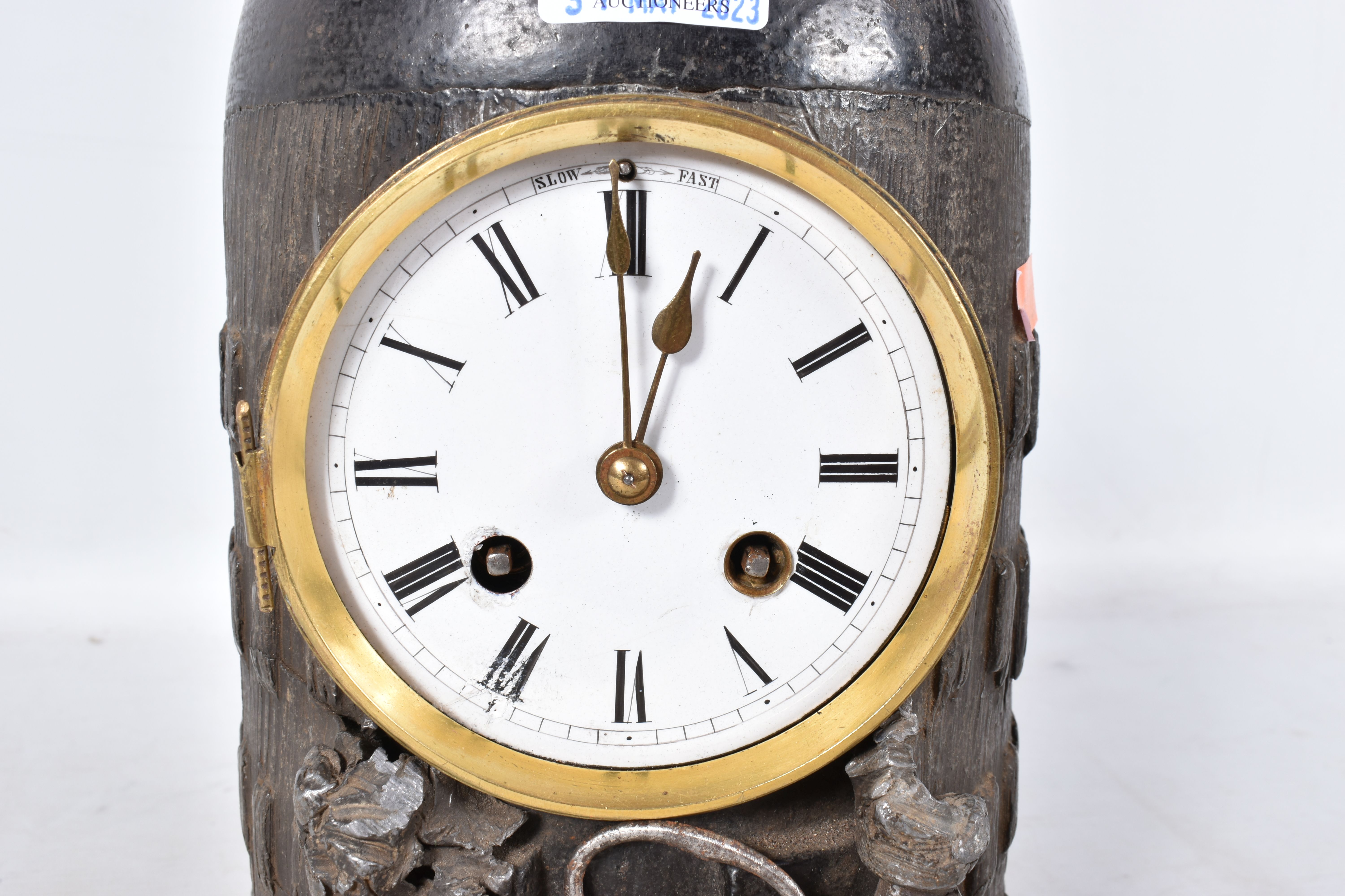 A TRENCH ART MANTLE CLOCK FORMED FROM A BOMB CASING, fitted with a late 19th century enamel dial and - Image 3 of 11