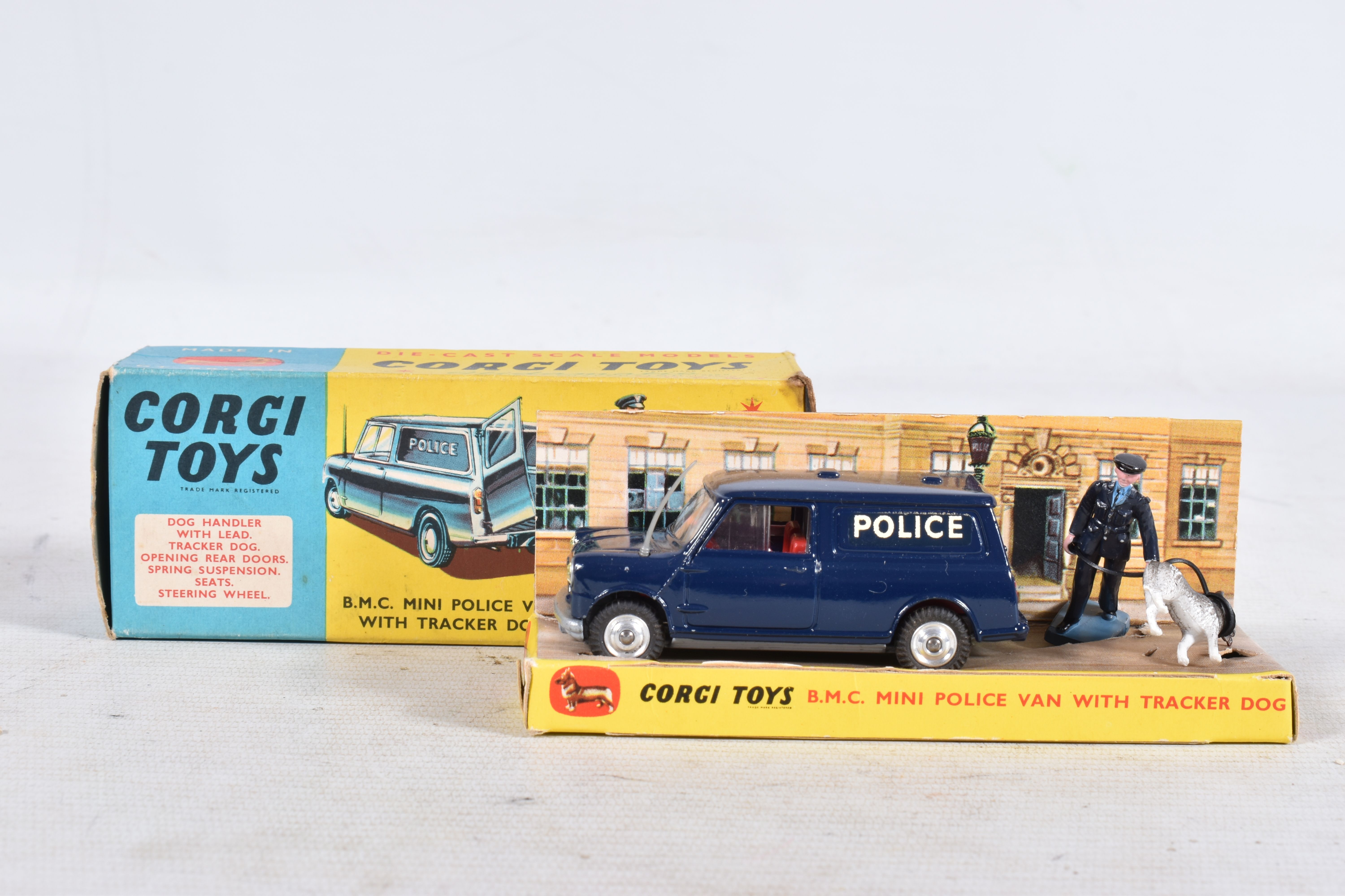 A BOXED CORGI TOYS B.M.C. MINI POLICE VAN WITH TRACKER DOG, No.448, appears complete with