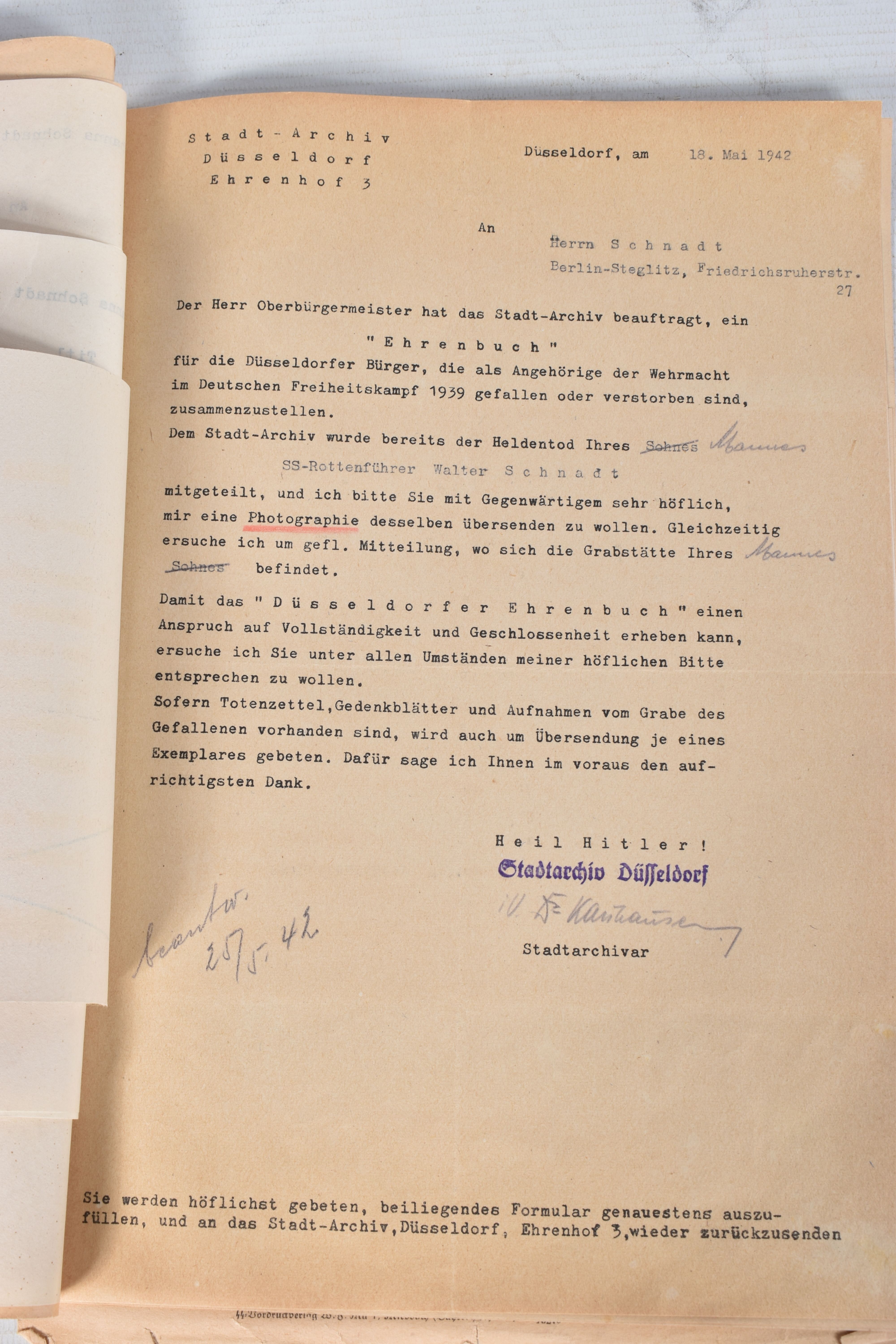 A LARGE COLLECTION OF DOCUMENTS FOR WALTER SCHNADT, to include documents, photo, and a card, he - Image 36 of 46