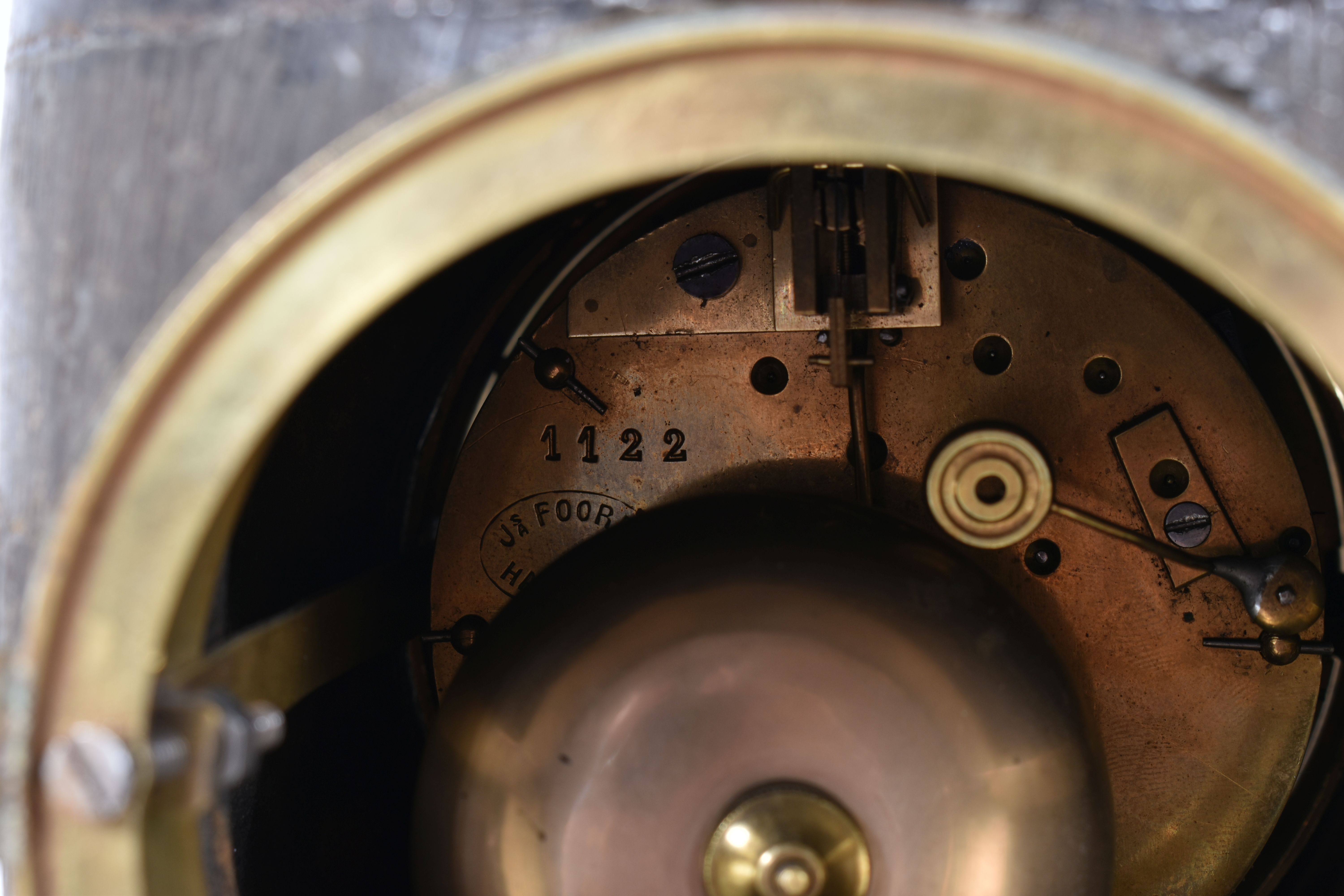 A TRENCH ART MANTLE CLOCK FORMED FROM A BOMB CASING, fitted with a late 19th century enamel dial and - Image 6 of 11