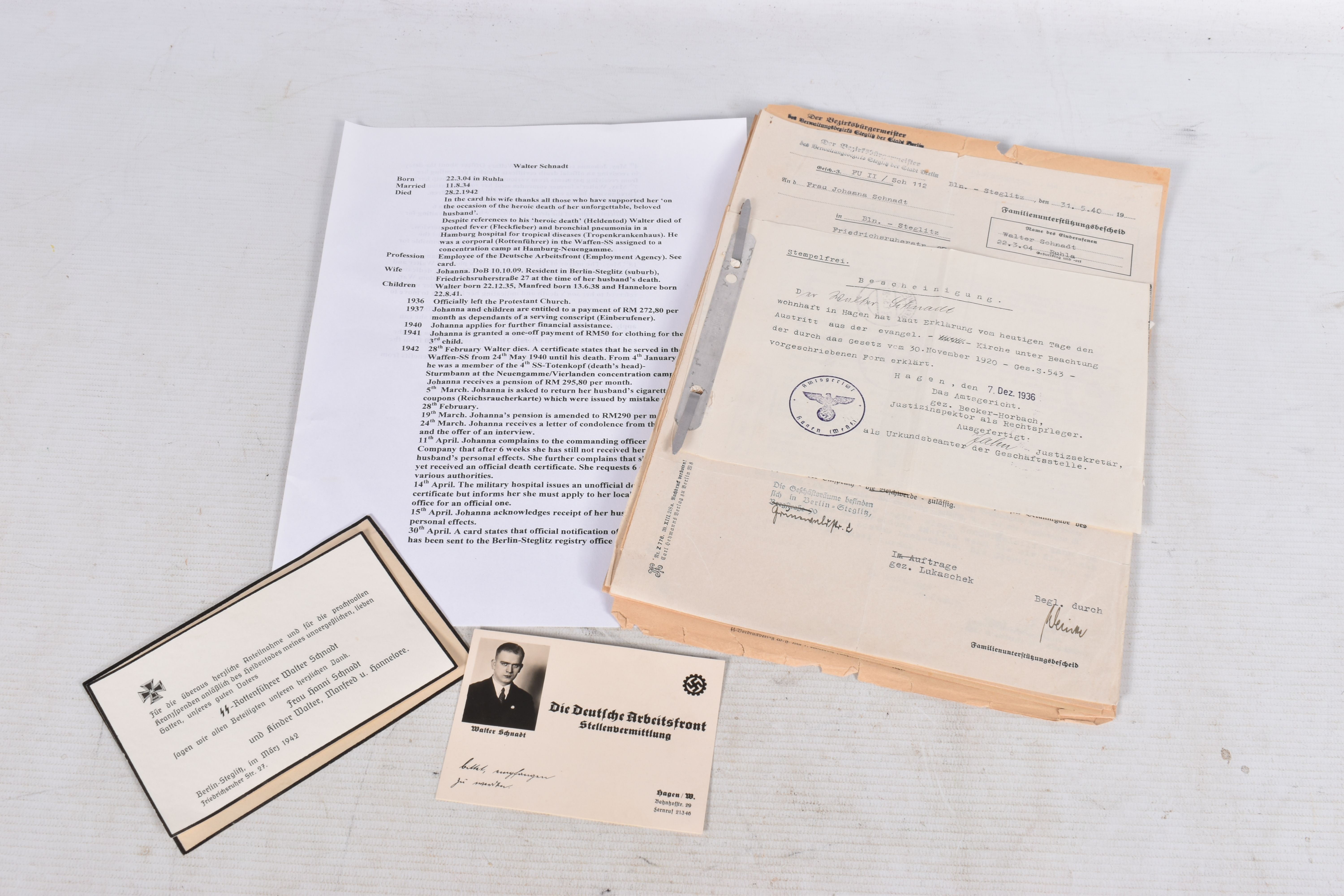 A LARGE COLLECTION OF DOCUMENTS FOR WALTER SCHNADT, to include documents, photo, and a card, he