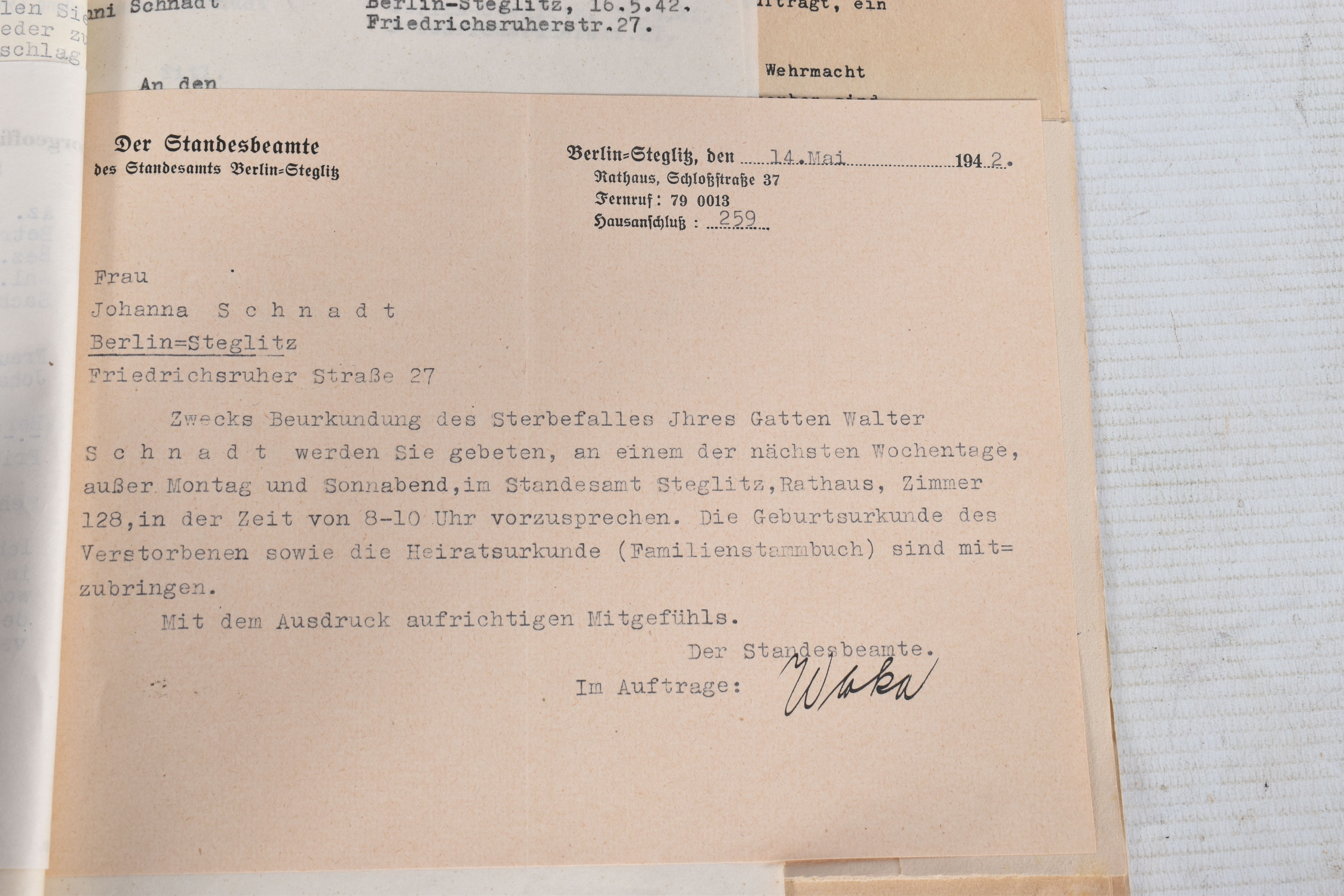 A LARGE COLLECTION OF DOCUMENTS FOR WALTER SCHNADT, to include documents, photo, and a card, he - Image 32 of 46