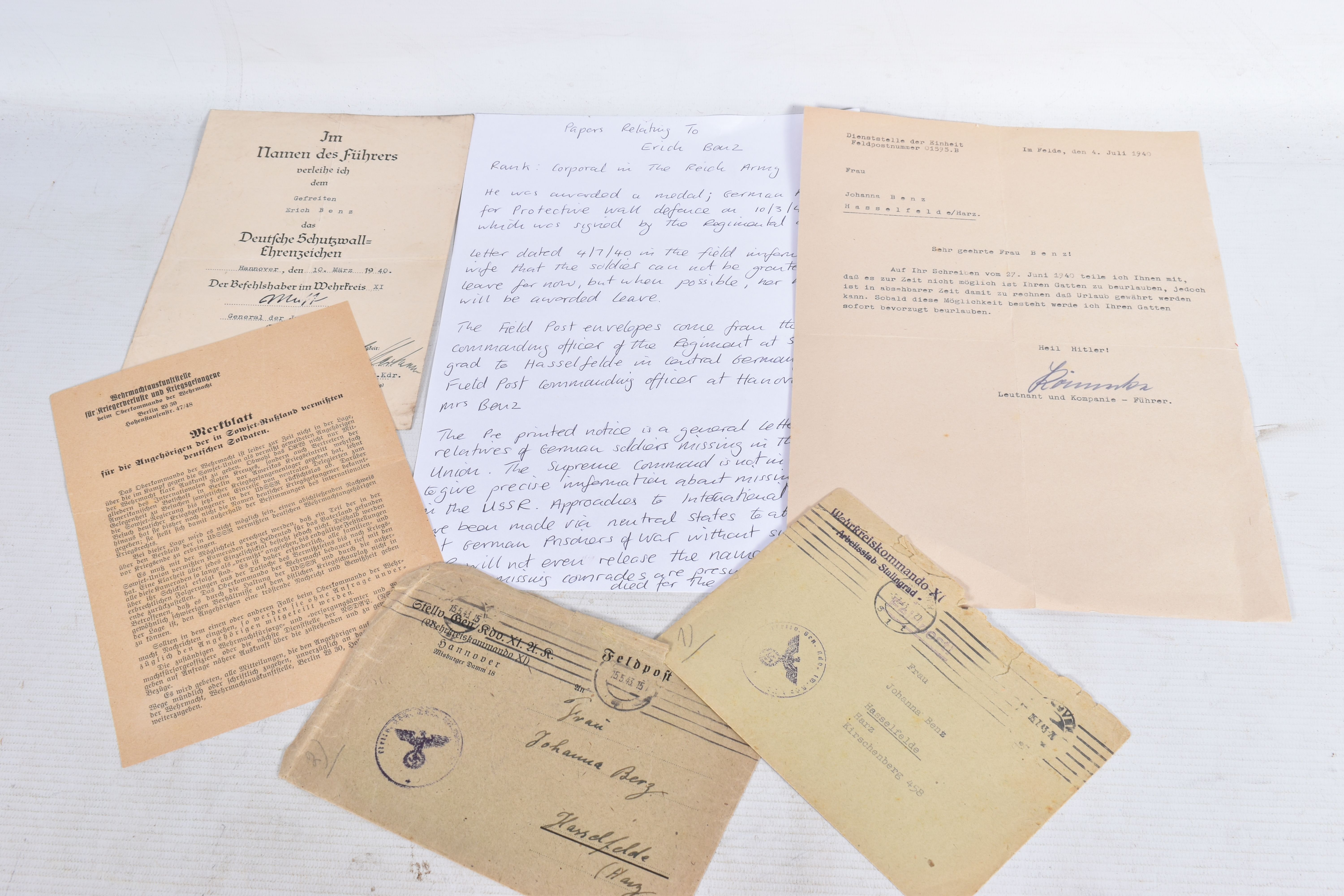 PAPERS RELATING TO ERICH BENZ, CORPORAL IN THE REICH ARMY, to include an award for Protective Wall