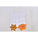 TWO YELLOW STAR OF DAVID CLOTH BADGES, used for indentification of jews in Germany and occupied