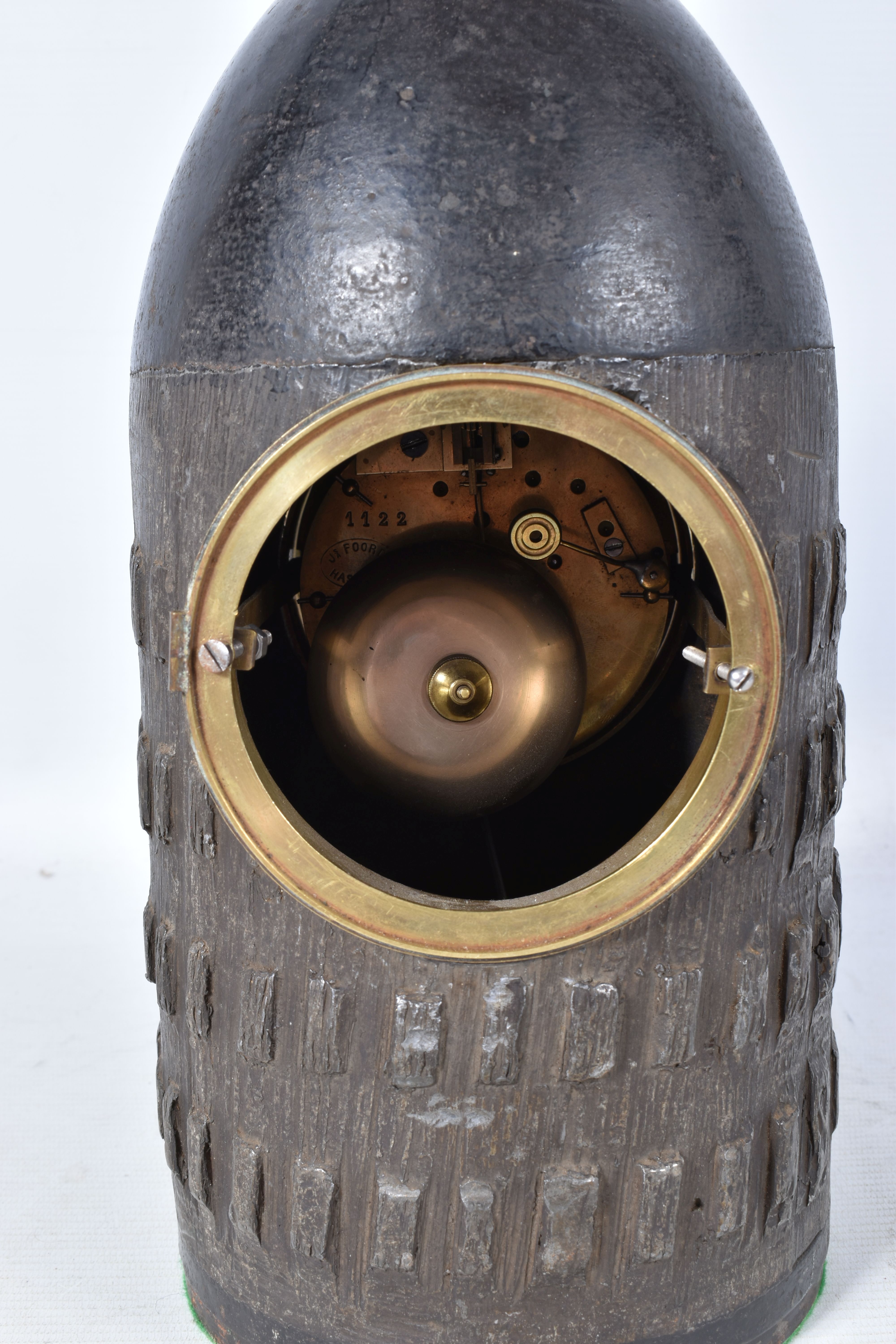 A TRENCH ART MANTLE CLOCK FORMED FROM A BOMB CASING, fitted with a late 19th century enamel dial and - Image 7 of 11