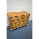 A VICTORIAN PINE CHEST OF TWO SHORT OVER TWO LONG DRAWERS, on turned legs, width 104cm x depth