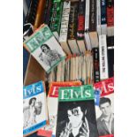 A TRAY CONTAINING MUSIC BIOGRAPHY BOOKS AND FIFTY PLUS ELVIS MONTHLY MAGAZINES 133-145, 147, 148,