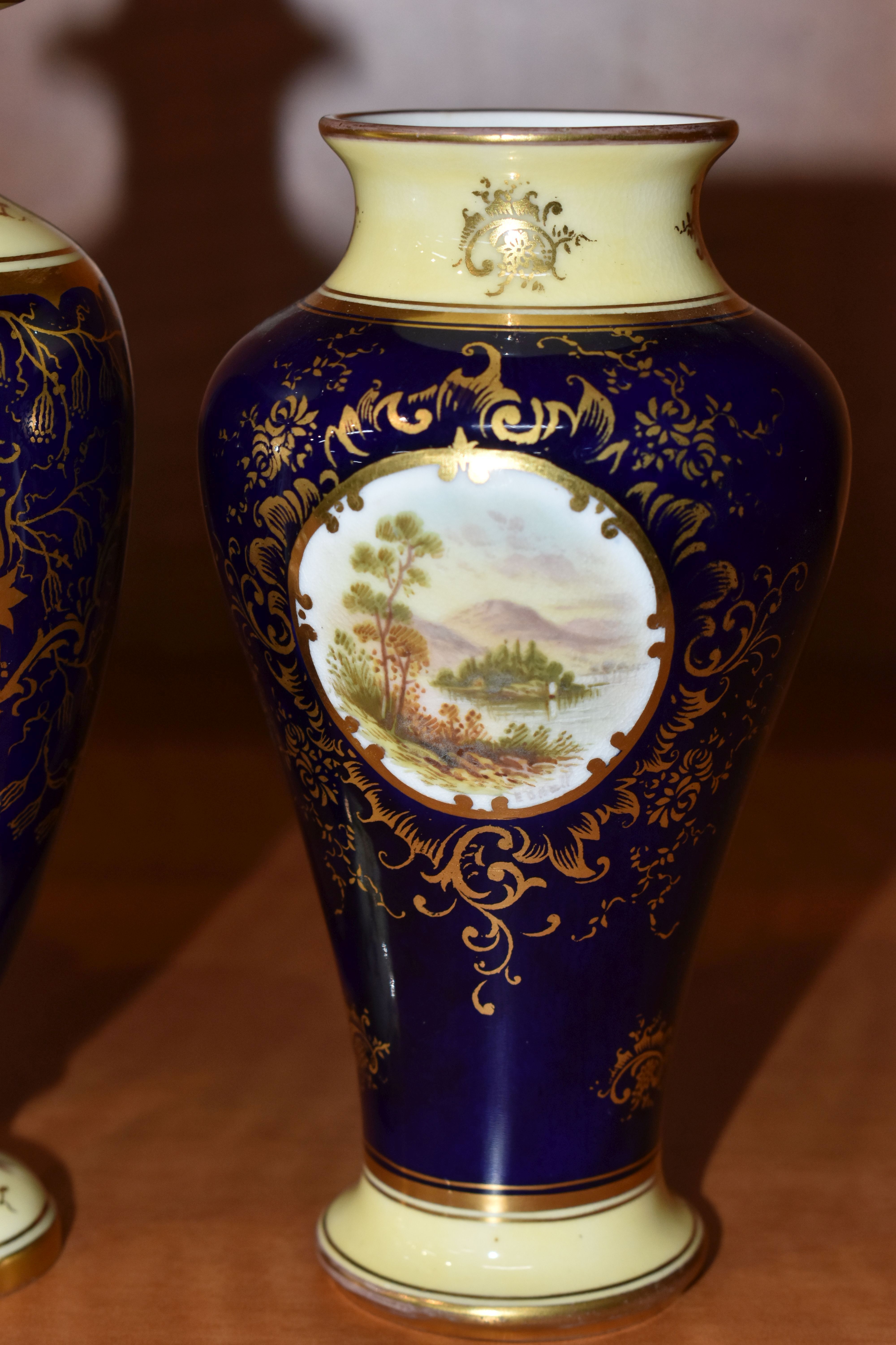 FIVE EARLY 20TH CENTURY COALPORT VASES, all blue and gilt ground, four with pale lemon borders, - Image 6 of 13