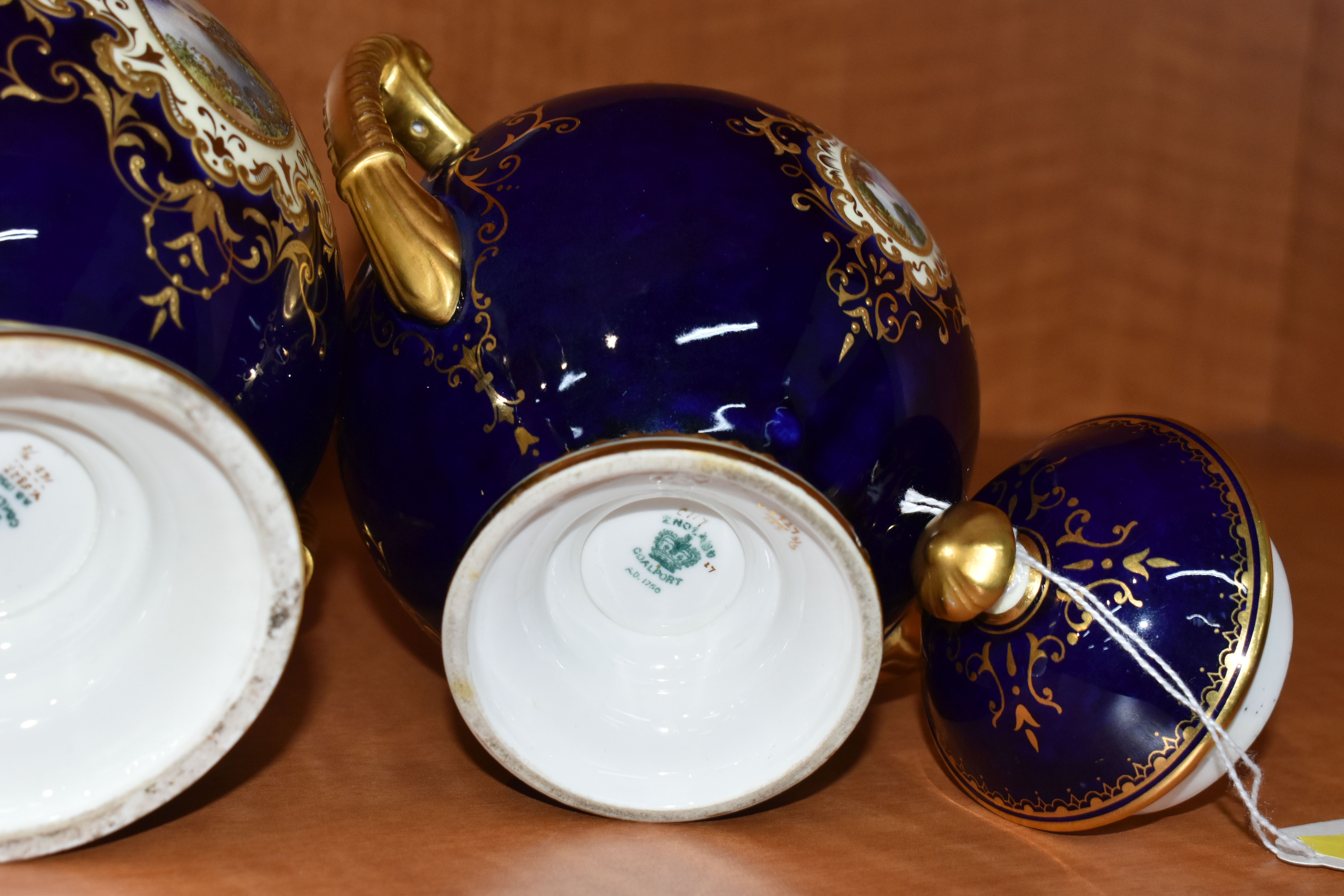 TWO EARLY 20TH CENTURY COALPORT TWIN HANDLED VASES AND COVERS, blue, pale yellow and gilt ground, - Image 12 of 12