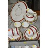 A TWENTY ONE PIECE COPELAND TEA SET AND A COLLECTION OF MINIATURE CERAMICS ETC, having a red