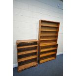 A MODERN PINE OPEN BOOKCASE, width 85cm x depth 29cm x height 126cm, along with two teak open