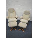 TWO SIZED CREAM UPHOLSTERED RECLINING SWIVEL ARMCHAIRS, with footstools (condition:-minor cleaning