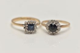 TWO SAPPHIRE AND DIAMOND CLUSTER RINGS, the first of a square form set with a deep blue, square