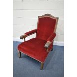 A 19TH CENTURY WALNUT PARLOUR CHAIR, with open armrests, and red upholstery (condition:- one arm