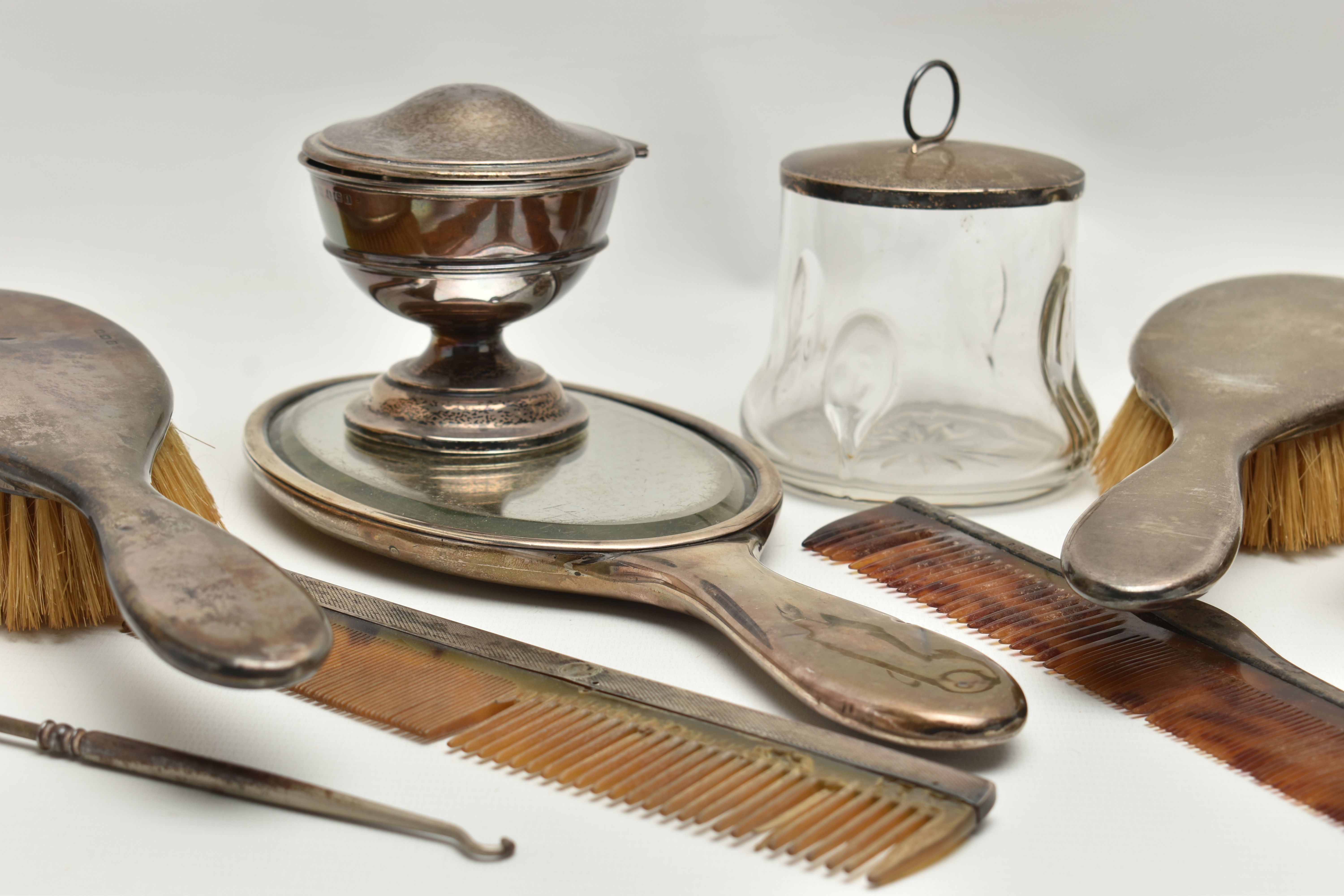 A SELECTION OF SILVER VANITY ITEMS, to include a four piece, polished silver dressing table set, - Image 2 of 6