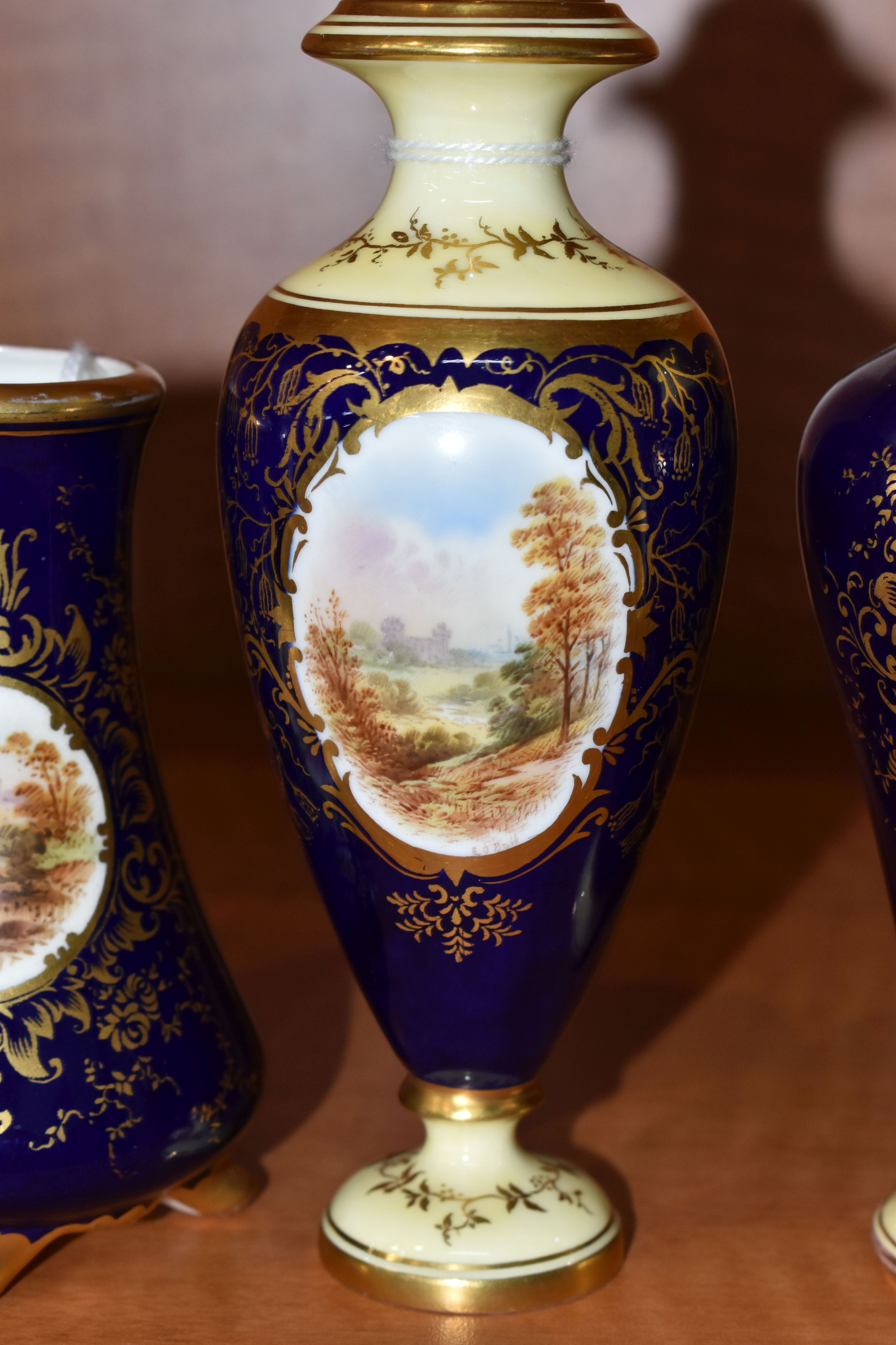 FIVE EARLY 20TH CENTURY COALPORT VASES, all blue and gilt ground, four with pale lemon borders, - Image 5 of 13