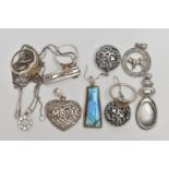 AN ASSORTMENT OF WHITE METAL JEWELLERY, to include a labradorite pendant, three rings, two pendants,