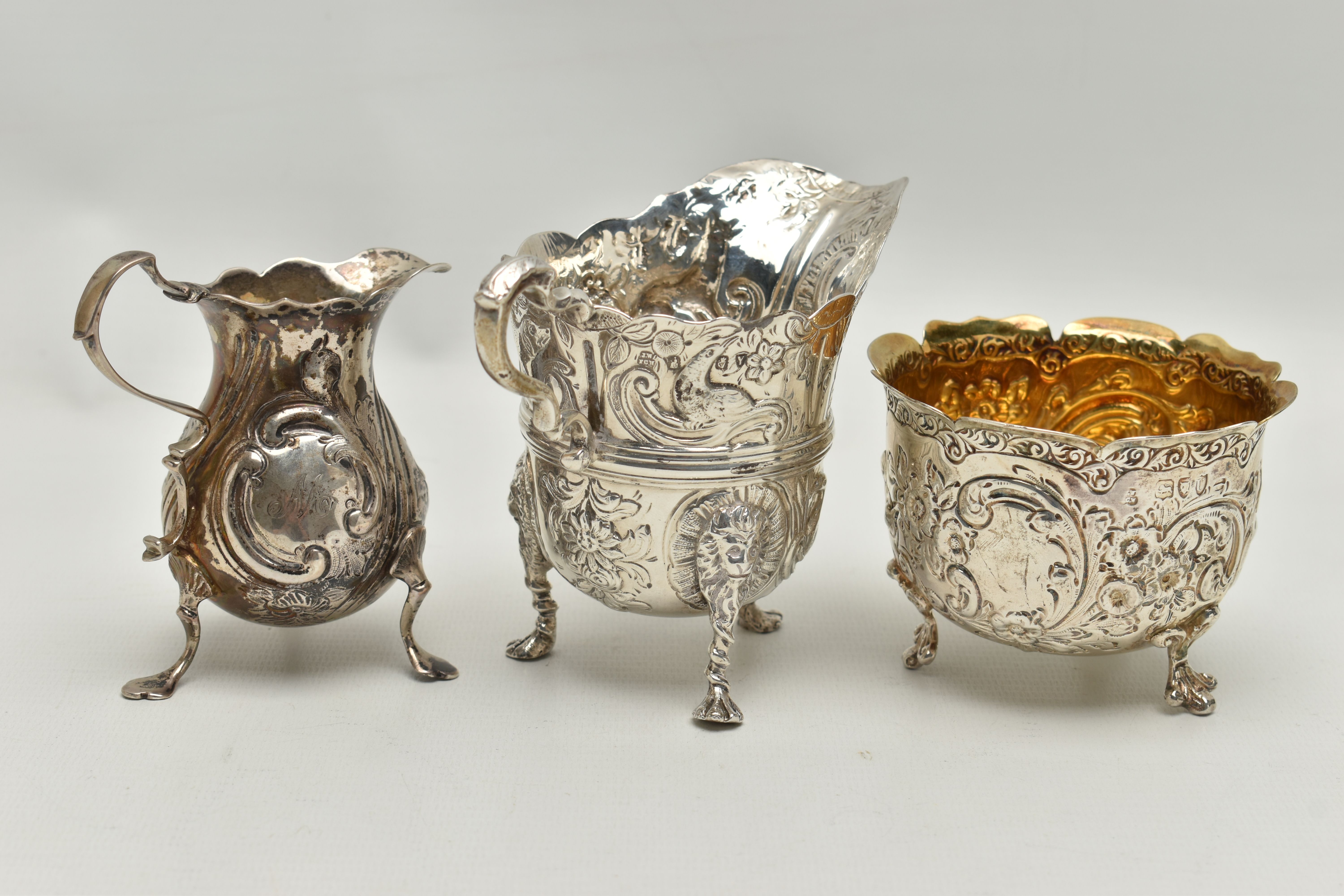 THREE PIECES OF SILVER, to include a George II creamer, embossed floral pattern with engraved - Image 2 of 7