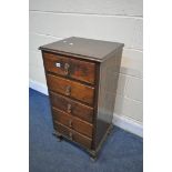 A OAK CHEST OF FIVE DRAWERS, with Queen Anne style legs, width 46cm x depth 38cm x height 91cm (