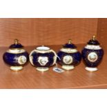 FOUR EARLY 20TH CENTURY SMALL COALPORT VASES, THREE BEING POT POURRI WITH COVERS, all with blue,