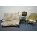 A ERCOL TWO SEATER SETTEE, length 125cm, along with an Edwardian chair and Llyod loom style