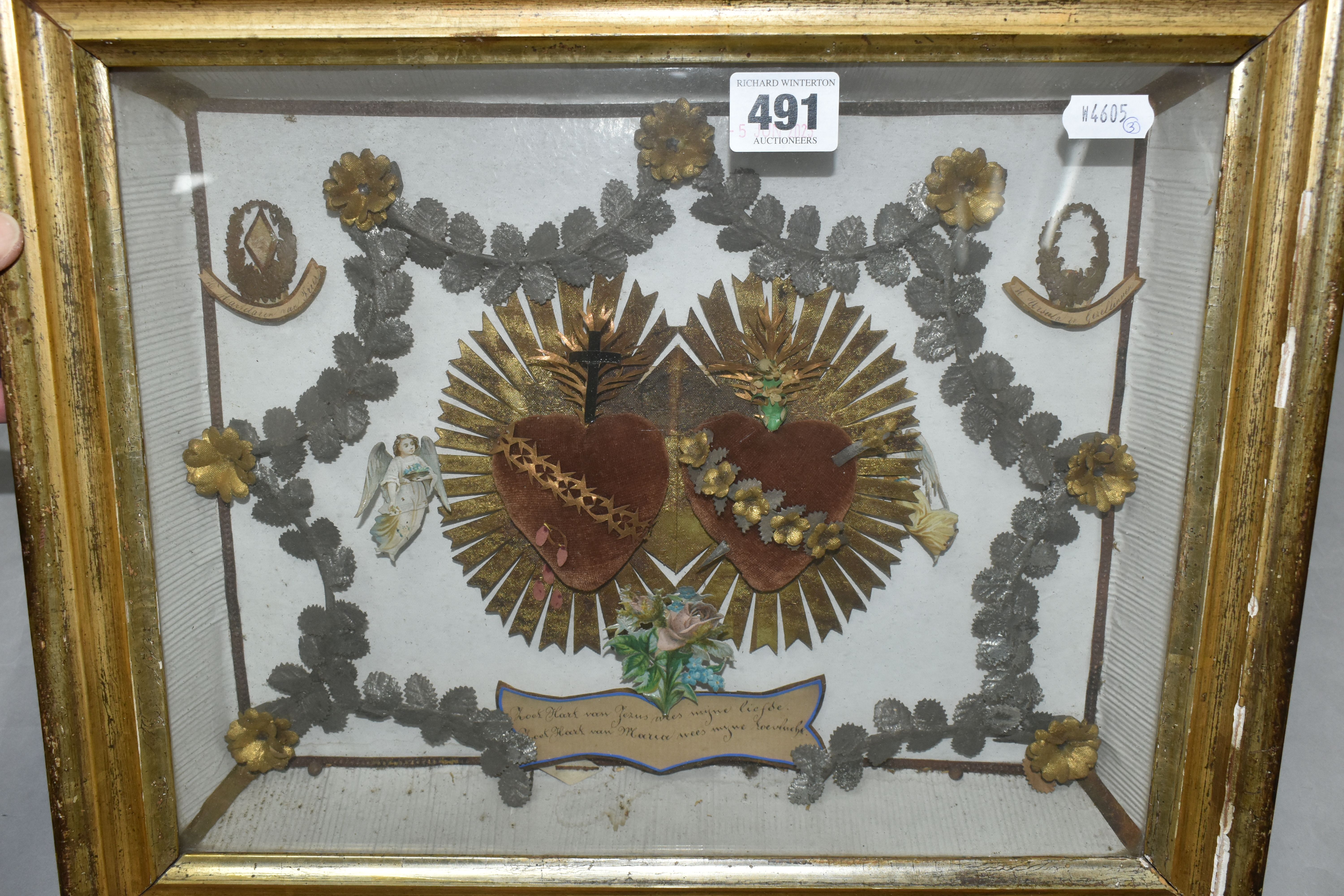 TWO FRAMED VICTORIAN RELIQUARY STYLE PICTURES, comprising a small gilt frame, containing a border of - Image 4 of 8