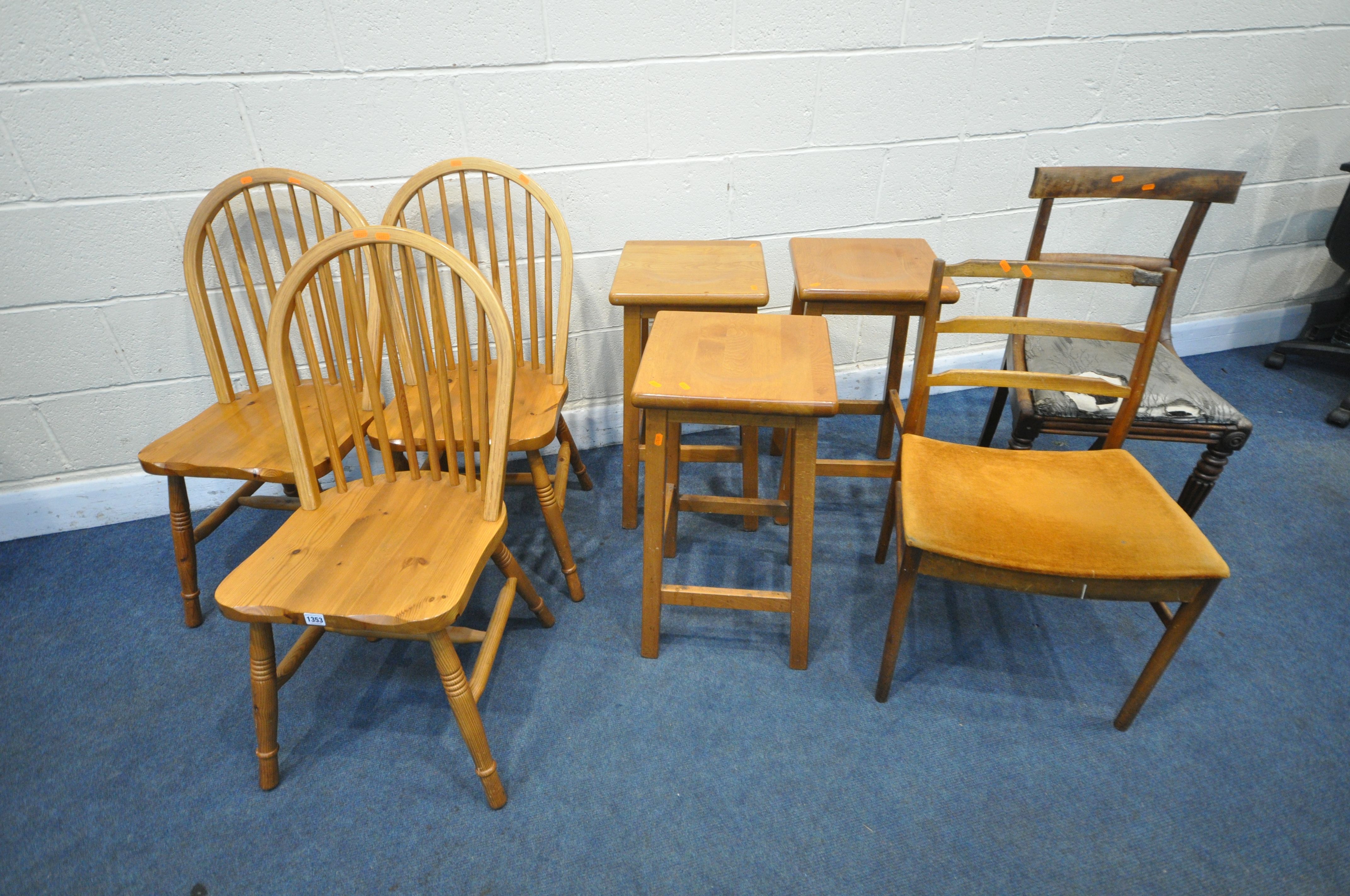 A SELECTION OF CHAIRS AND STOOLS, to include three pine hooped back chairs, three high stools, a