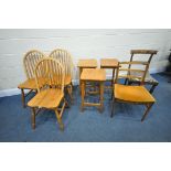 A SELECTION OF CHAIRS AND STOOLS, to include three pine hooped back chairs, three high stools, a