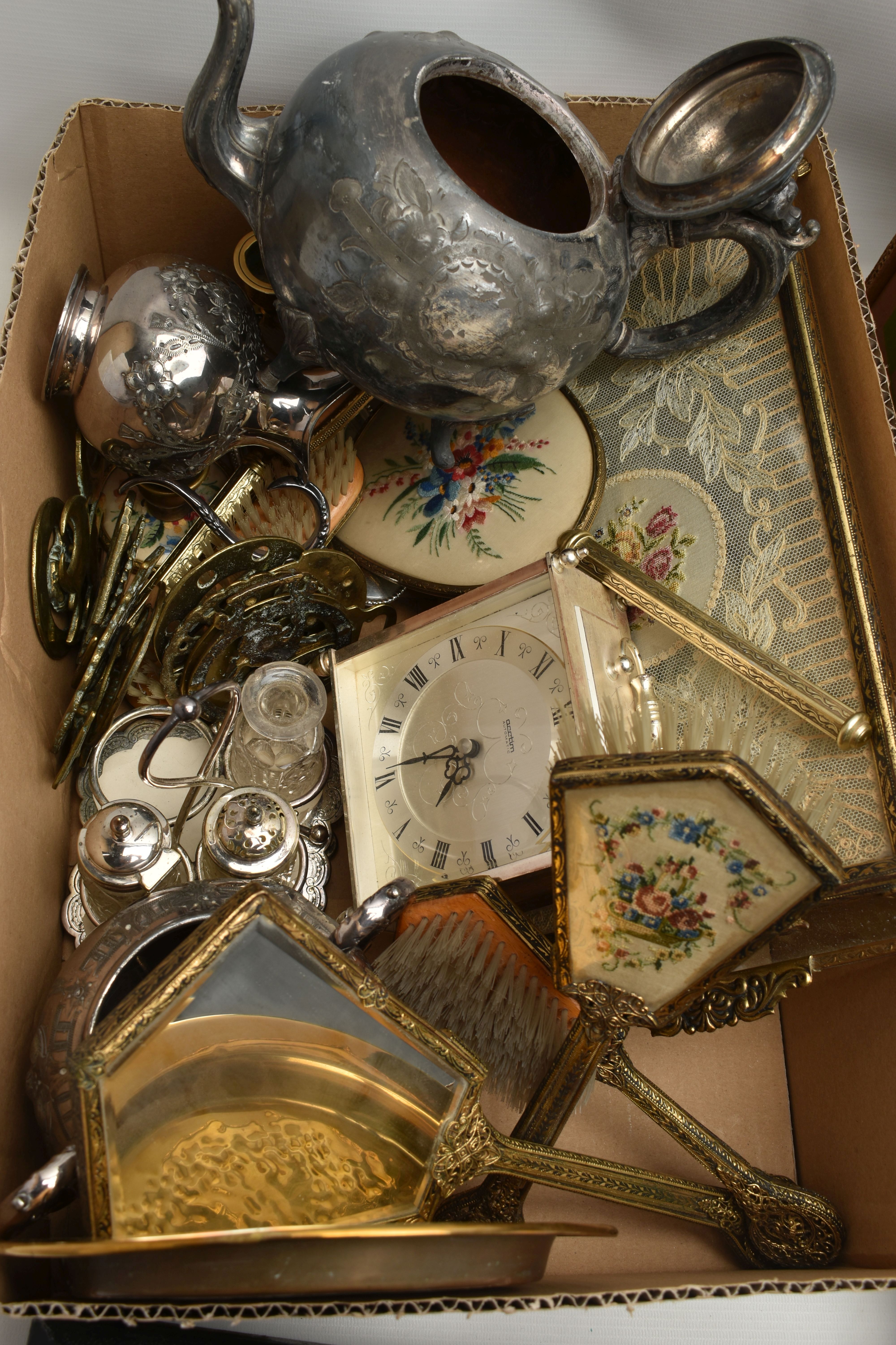 TWO BOXES OF ASSORTED WHITE METAL WARE, to include a three piece tea set comprising of a teapot, - Image 7 of 10