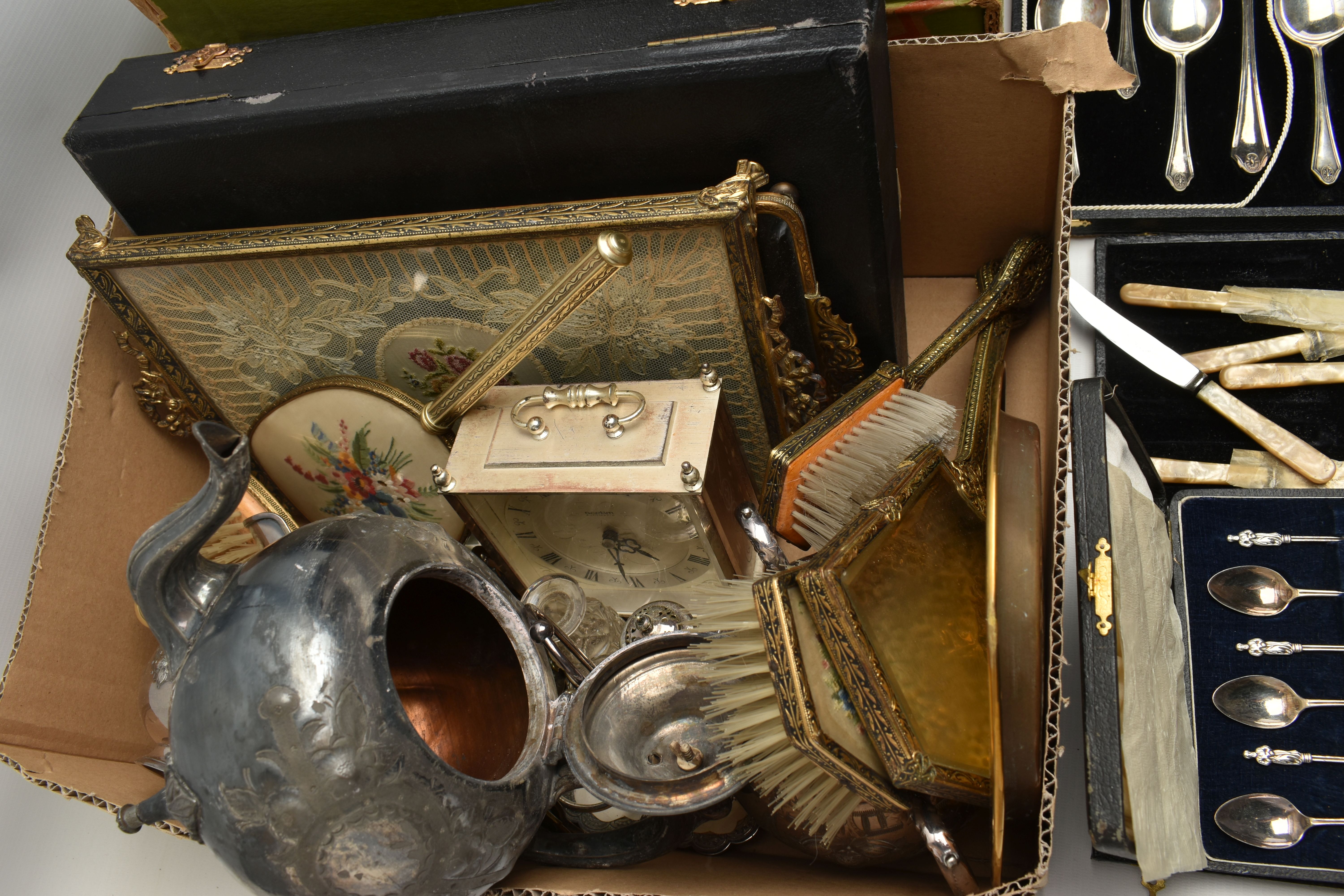 TWO BOXES OF ASSORTED WHITE METAL WARE, to include a three piece tea set comprising of a teapot, - Image 4 of 10