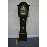 A MODERN MAHOGANY GRANDDAUGHTER CLOCK, the brass dial with a tempus fugit to arch and Roman