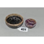 TWO FLUORITE MINIATURE BOWLS, the smaller bowl is possibly Blue John, natural flaws in both,