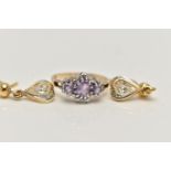 A 9CT GOLD AMETHYST AND DIAMOND RING, AND A PAIR OF DROP EARRINGS, the ring designed with three