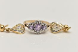 A 9CT GOLD AMETHYST AND DIAMOND RING, AND A PAIR OF DROP EARRINGS, the ring designed with three