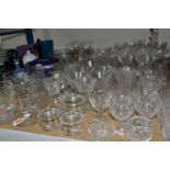 A SMALL QUANTITY OF CUT GLASS AND DECORATIVE GLASSWARES ETC, to include four Stuart small wine