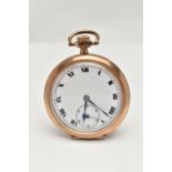 A GOLD PLATED OPEN FACE POCKET WATCH, hand wound movement, round white dial, Roman numerals,