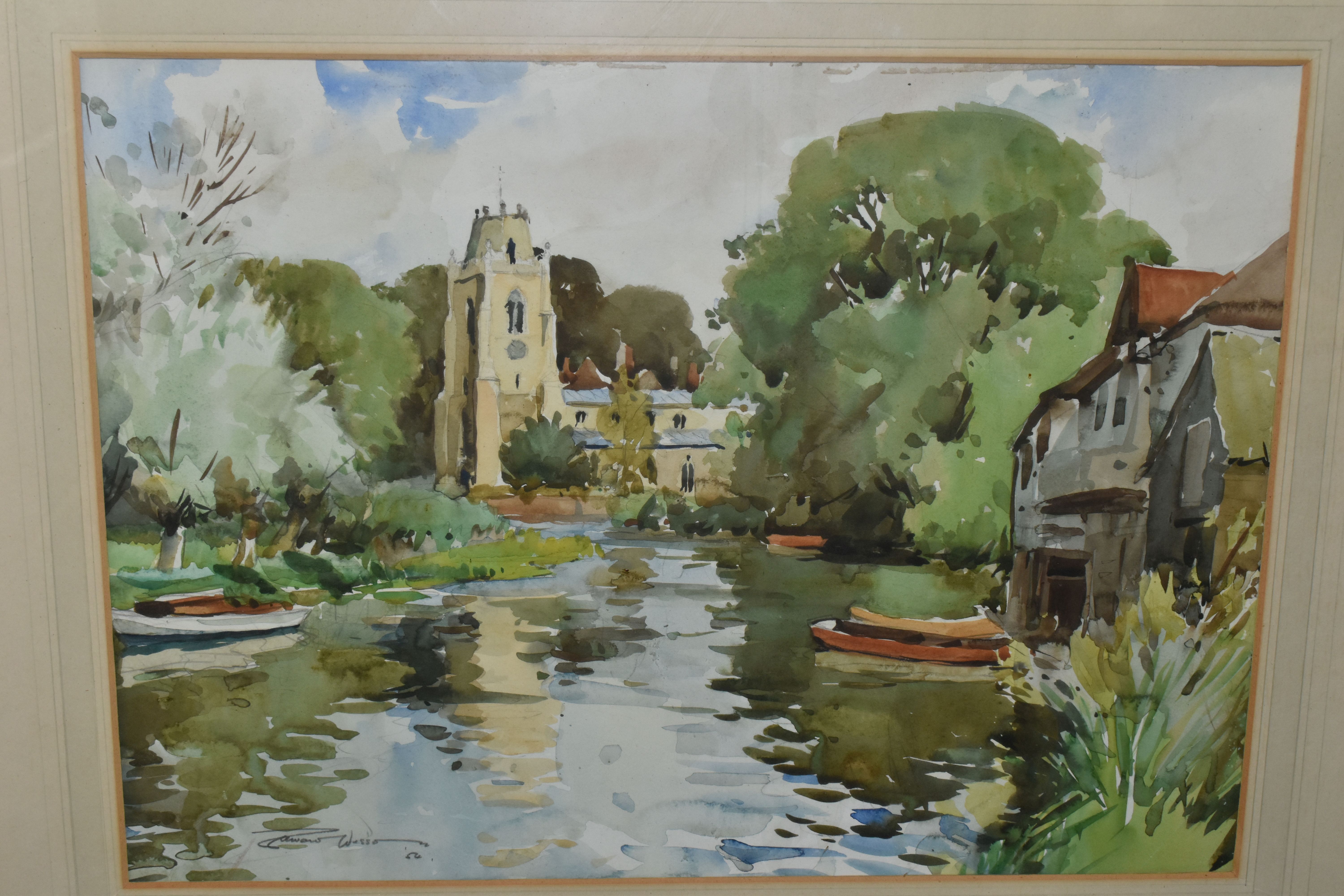 EDWARD WESSON (BRITISH 1910-1983) HEMINGFORD GREY A RIVER LANDSCAPE WITH CHURCH, - Image 2 of 4