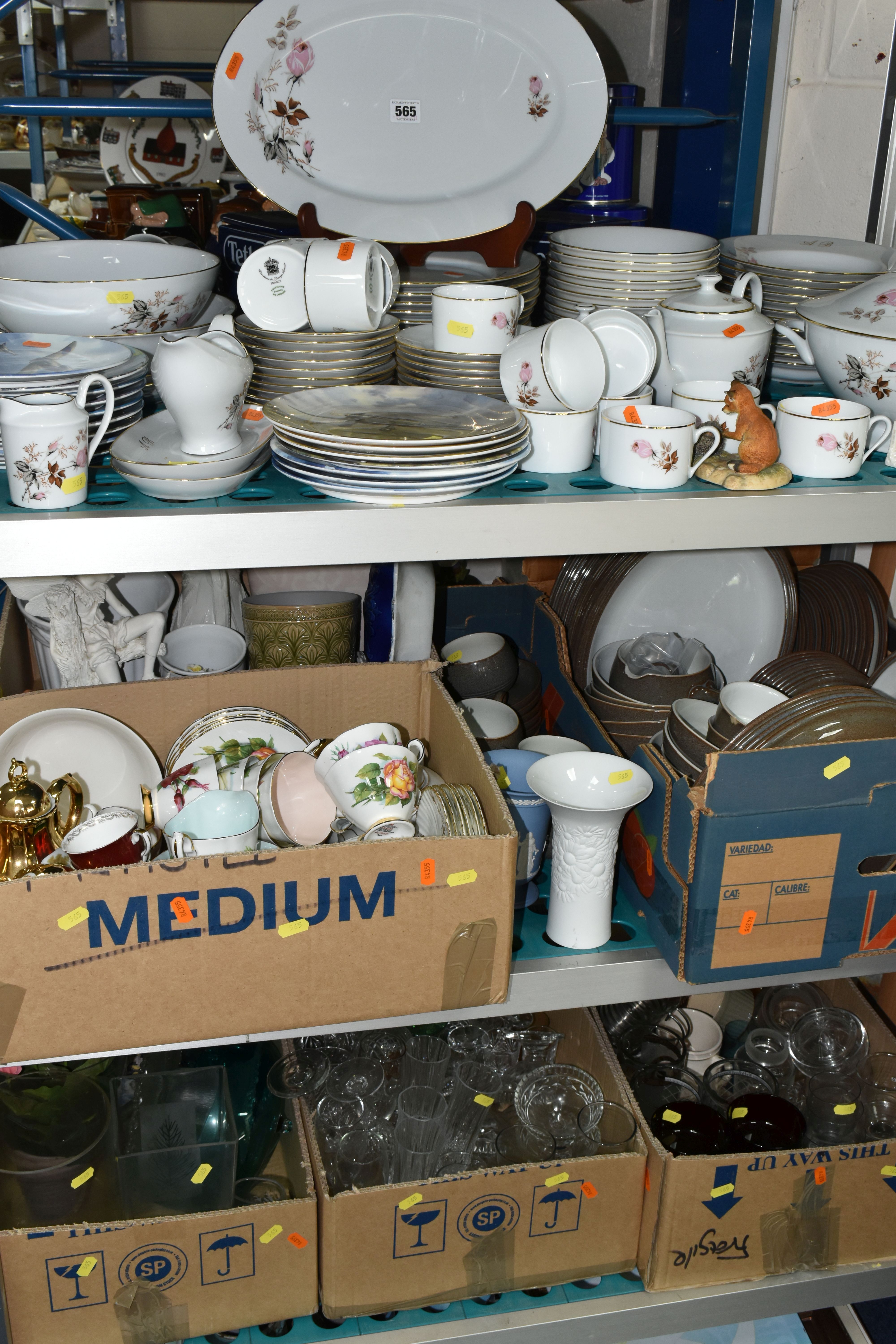 SIX BOXES OF CERAMICS AND GLASSWARE, to include a Limoges porcelain dinner set, decorated with a