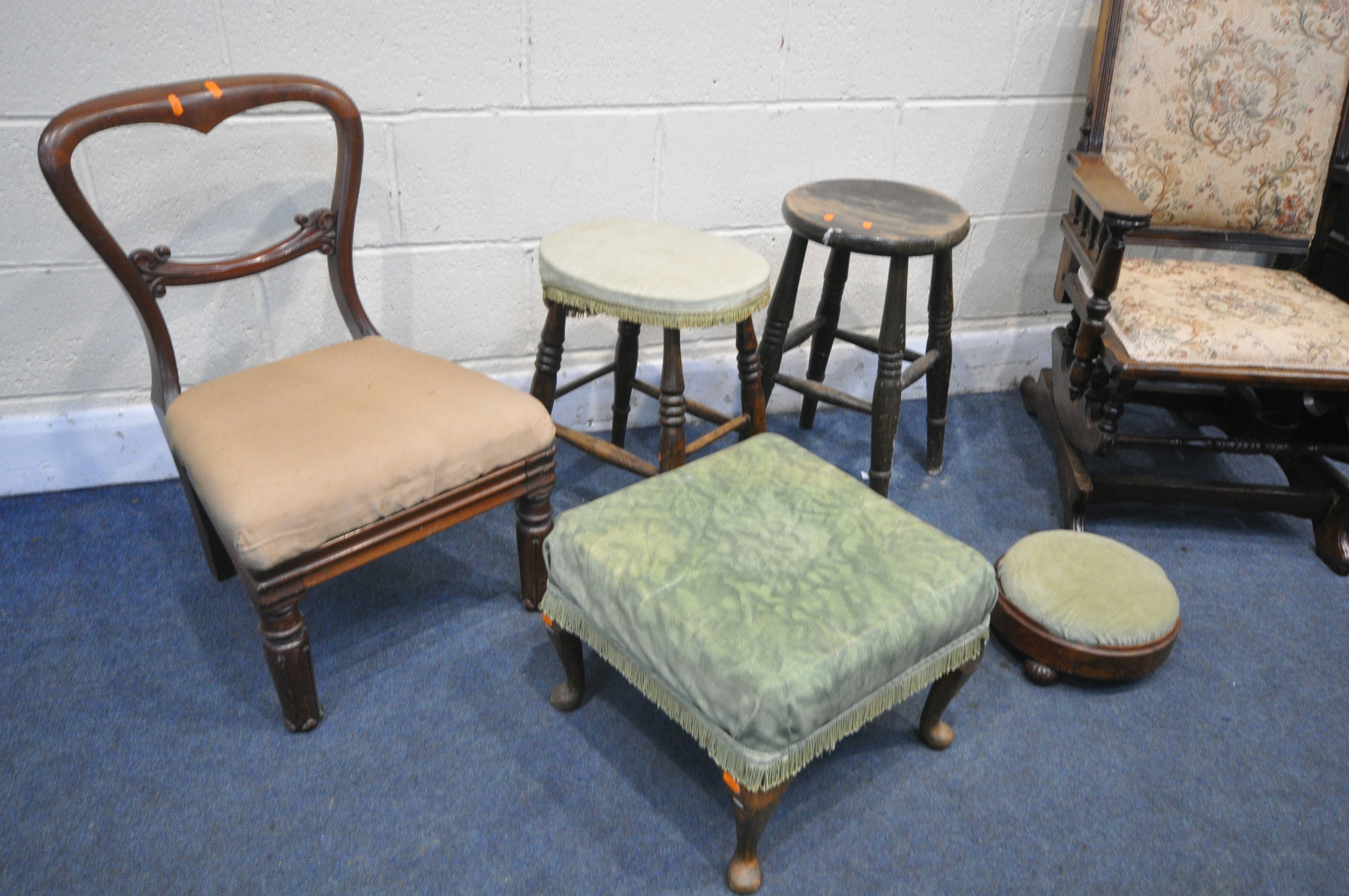 A SELECTION OF CHAIRS AND STOOLS, to include an Edwardian American rocking chair, an Edwardian piano - Image 3 of 3