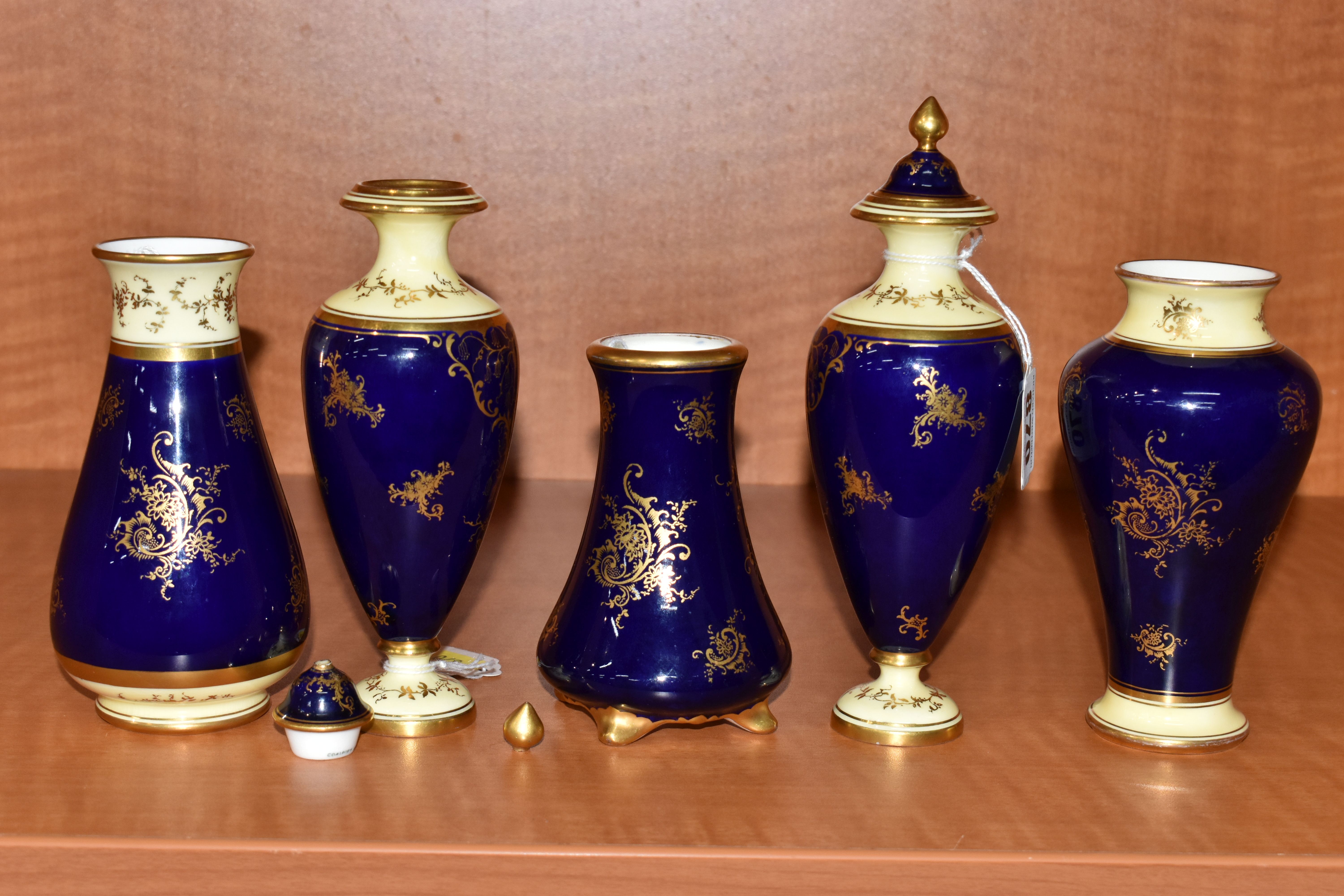 FIVE EARLY 20TH CENTURY COALPORT VASES, all blue and gilt ground, four with pale lemon borders, - Image 8 of 13