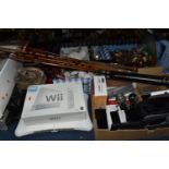 THREE BOXES AND LOOSE SUNDRY ITEMS ETC, to include a boxed Wii console with balance board and games,
