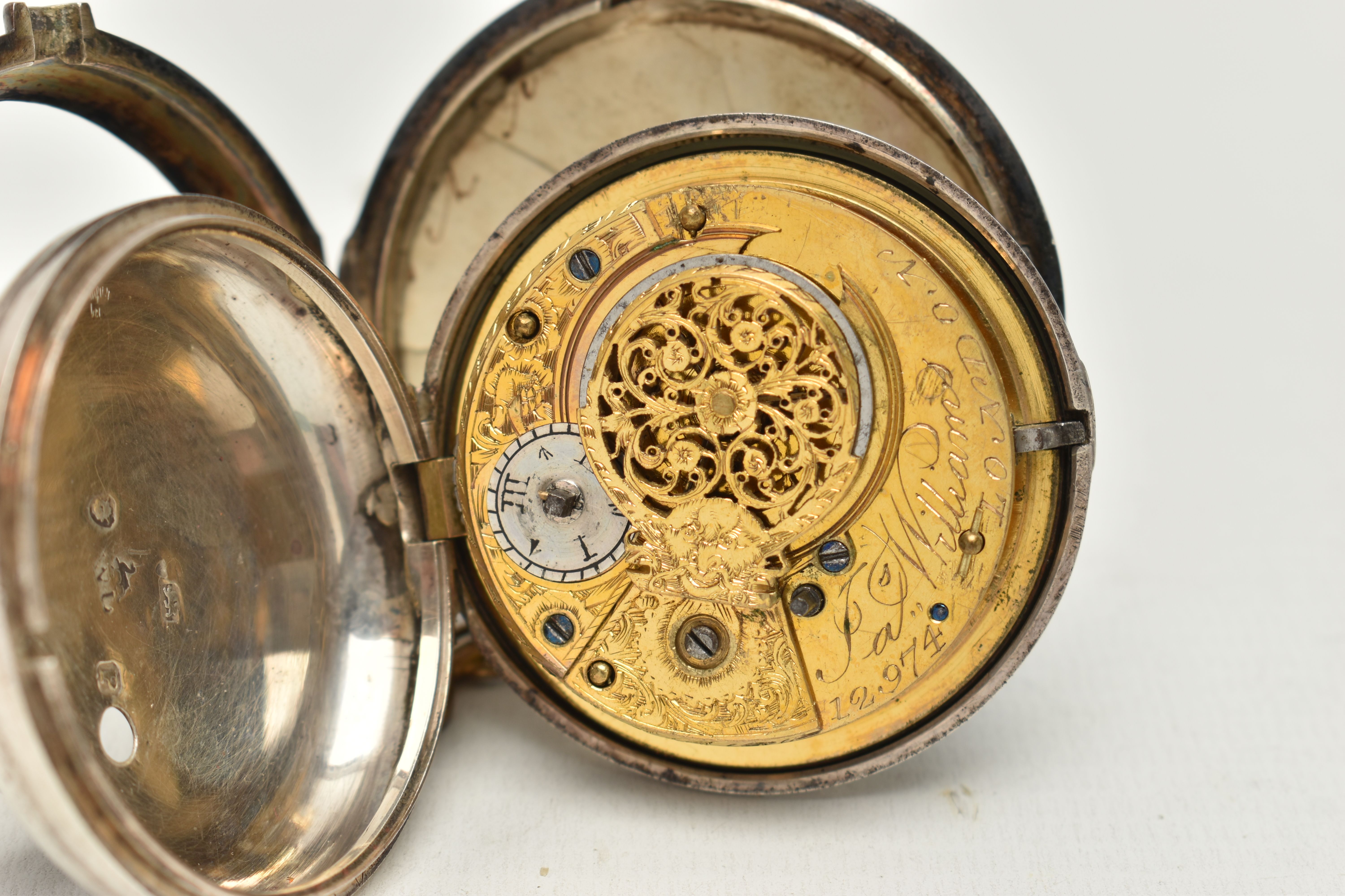 A GEORGE III SILVER PAIR CASED POCKET WATCH, the white enamel dial with Arabic numerals, painted - Image 7 of 9