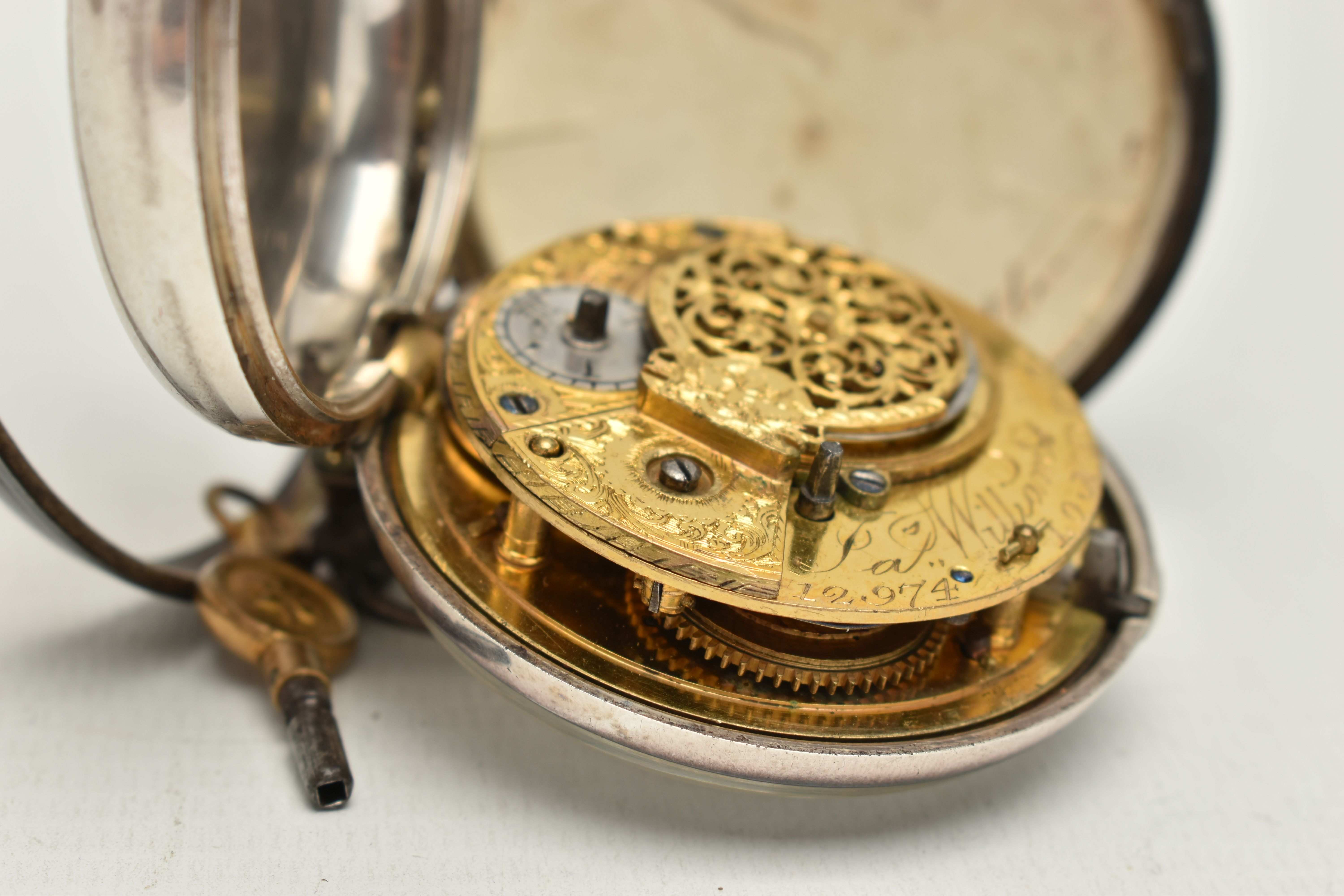 A GEORGE III SILVER PAIR CASED POCKET WATCH, the white enamel dial with Arabic numerals, painted - Image 8 of 9