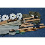 A GROUP OF VINTAGE FISHING RODS, a Ryobi 455MG super light magnesium reel and two spare spools,