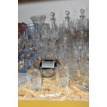 A GROUP OF GLASS WARES, to include a Victorian Nailsea style double gimmel flask with white