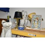 A VINTAGE WEDDING DRESS, TABLE LAMPS, CERAMICS AND WOODEN PANELS, ETC, to include a 1950s off the